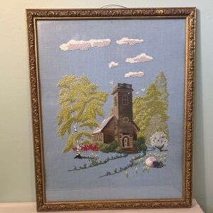 Vintage “Church in the Wildwood” Framed Hand-stitched Crewel Embroidery